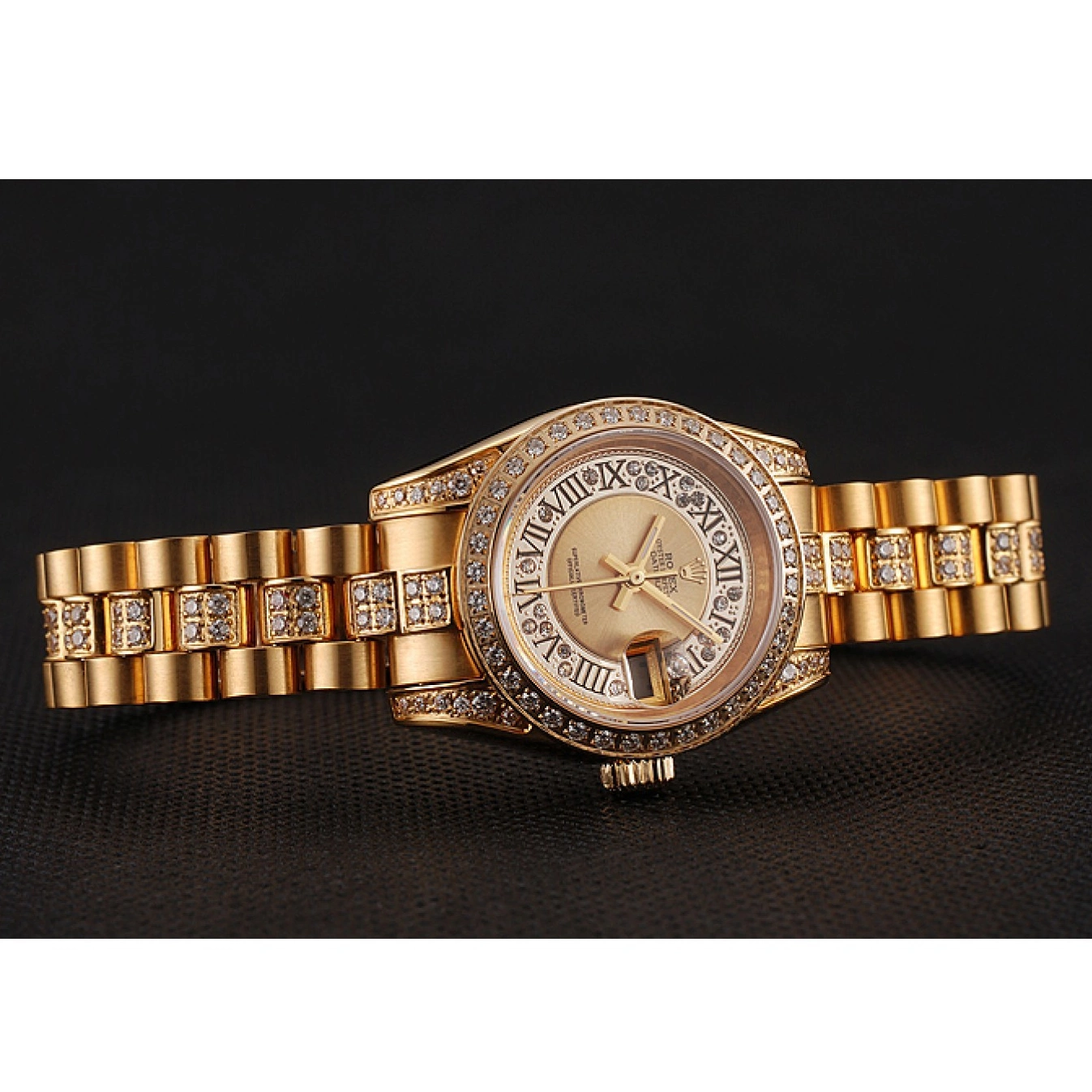 Aaa replica Rolex Dial DayJust Swiss Bracelet Diamond Diamond Gold Gold Pave 1453953 0520